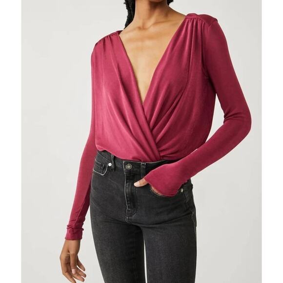 Free People Size XS Intimately Turnt Surplice Wrap Neck Long Sleeve Bodysuit Top - Picture 2 of 7